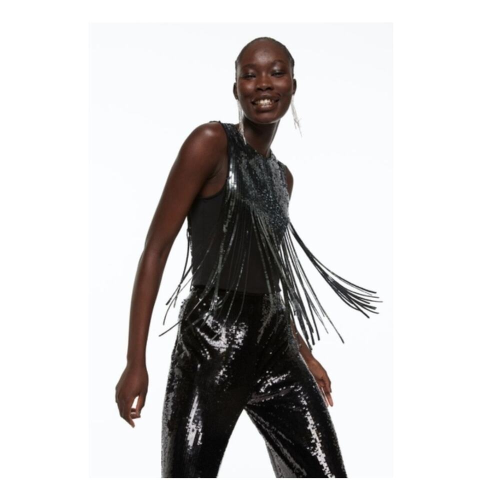 H&M Green Black Cascading Sequin Tassel Fringe Top Womens S Party Glam Cropped